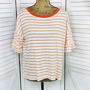 Hem & Thread Striped Slub Knit Short Ruffle Sleeve T-shirt‎ White Orange Large